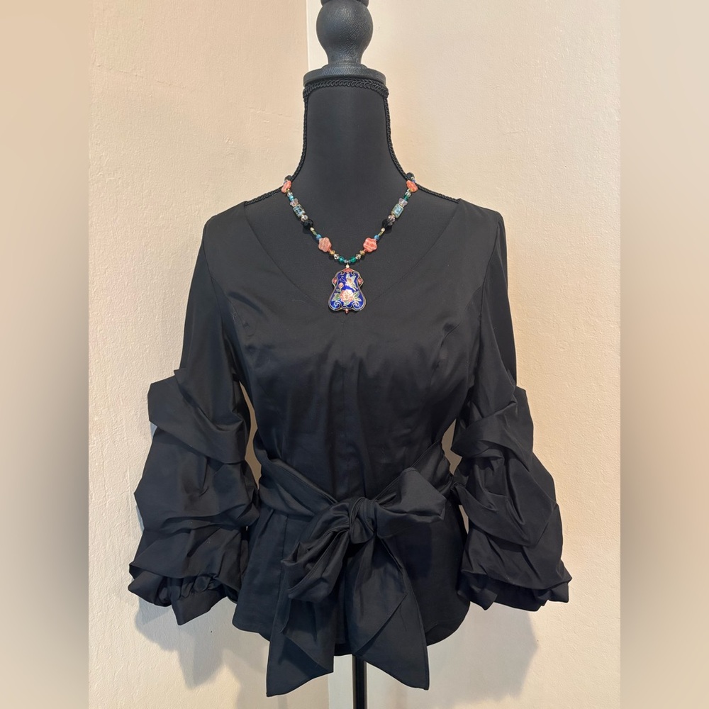 Gorgeous Black V-neck Blouse with Billowy Sleeves and Tied Accent, size 4
